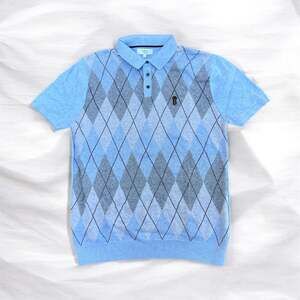 Next Men's Blue and Grey Argyle Knit Short Sleeve Polo Shirt